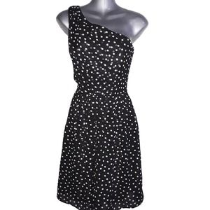 WHBM Sz 2 Black & White Polka Dot One Shoulder Fit & Flare Dress EUC